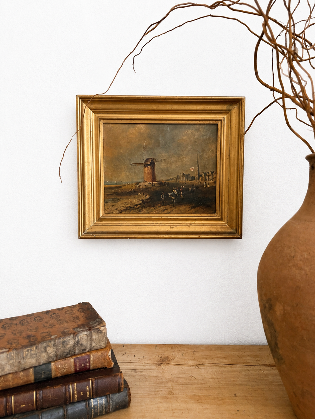 Antique Coastal Windmill Landscape Oil Painting in Gilt Frame