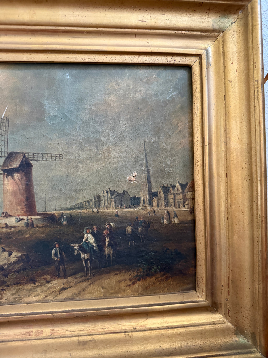 Antique Coastal Windmill Landscape Oil Painting in Gilt Frame
