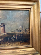 Antique Coastal Windmill Landscape Oil Painting in Gilt Frame