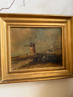 Antique Coastal Windmill Landscape Oil Painting in Gilt Frame